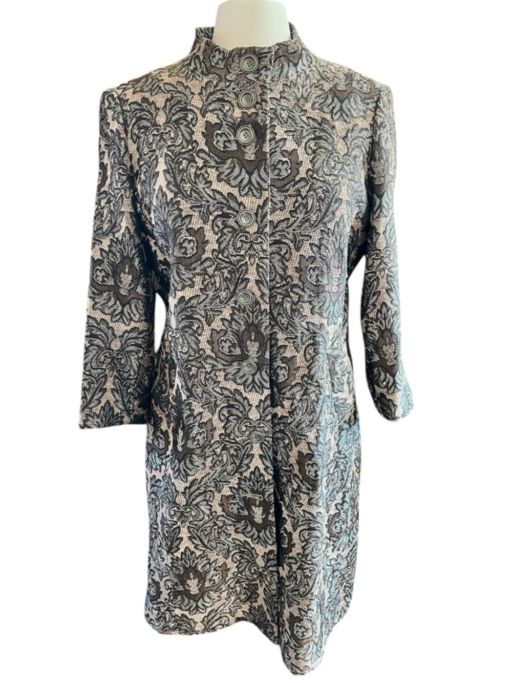 Lior Paris Textured Floral Jacquard Button Front Coat - Brown & Cream Size Large